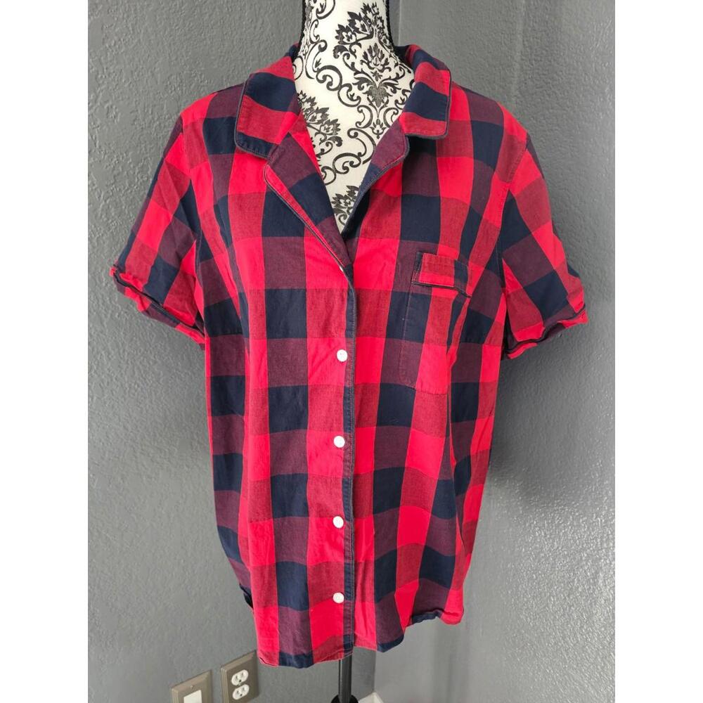 Women's L.L. Bean Button Up Blouse Top Checkered Short Sleeve Size 2X Red & Blue